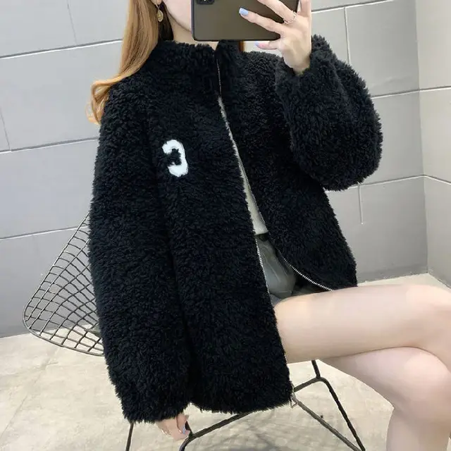 Fleece Lined Padded Warm Keeping Polar Fleece Cardigan Coat Outerwear Black - Shop at LoveMi
