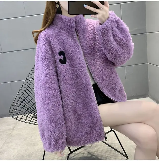 Fleece Lined Padded Warm Keeping Polar Fleece Cardigan Coat Outerwear Purple - Shop at LoveMi