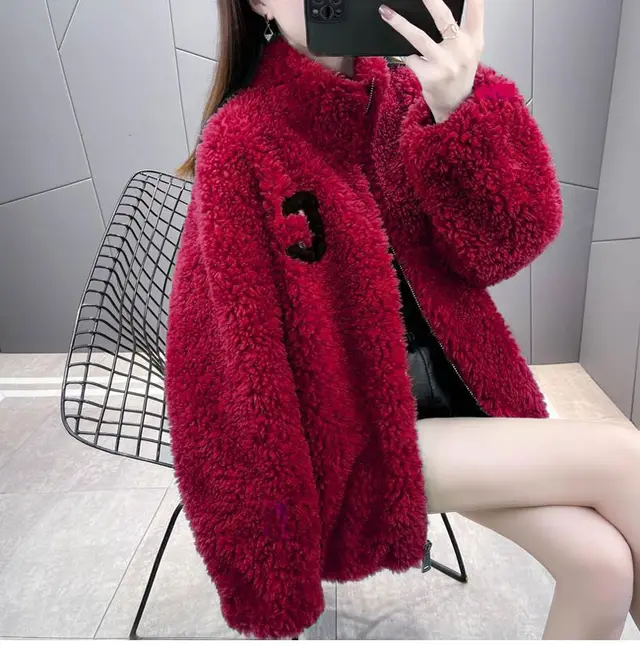 Fleece Lined Padded Warm Keeping Polar Fleece Cardigan Coat Outerwear Wine Red - Shop at LoveMi