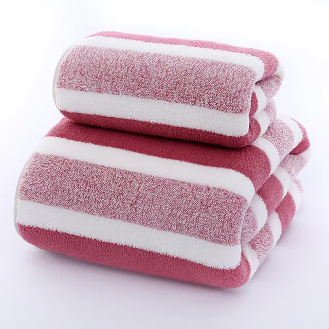 Wide Stripe Dark Stripe Coral Velvet Printing Towels Suit Coral Fleece Pink - Shop at LoveMi
