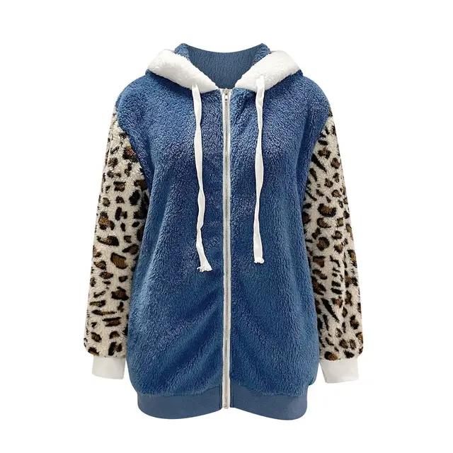 Long sleeve Zipper Leopard Splicing Hooded Plush Coat For Women Blue - Shop at LoveMi