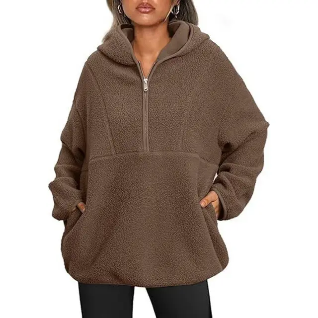 Women's Plush Cashmere Hooded Sweatshirt With Zipper Brown - Shop at LoveMi