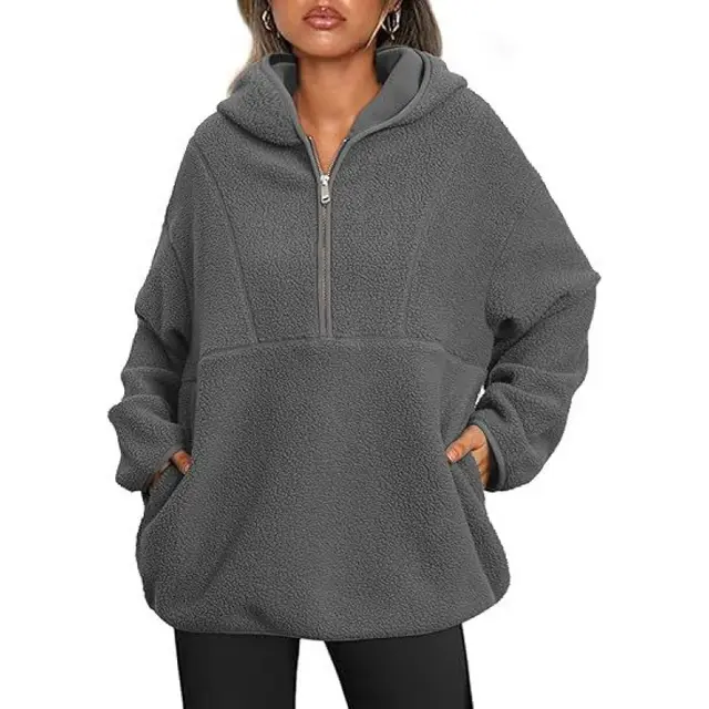 Women's Plush Cashmere Hooded Sweatshirt With Zipper Gray - Shop at LoveMi