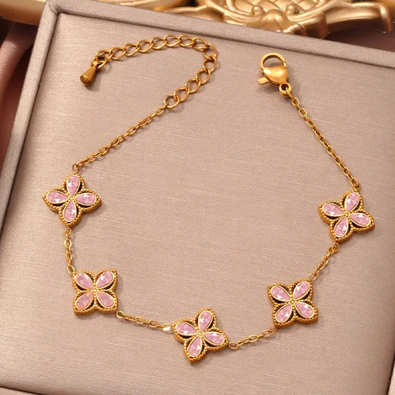 Small Flowers Inlaid Zircon Bracelet For Women - Pink