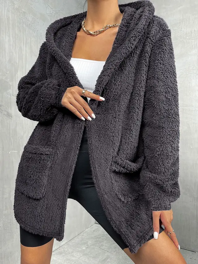 Fashion Casual Thick Women's Plush Top Hooded Jacket Black And Gray - Shop at LoveMi
