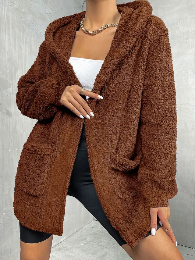 Fashion Casual Thick Women's Plush Top Hooded Jacket Dark Brown - Shop at LoveMi