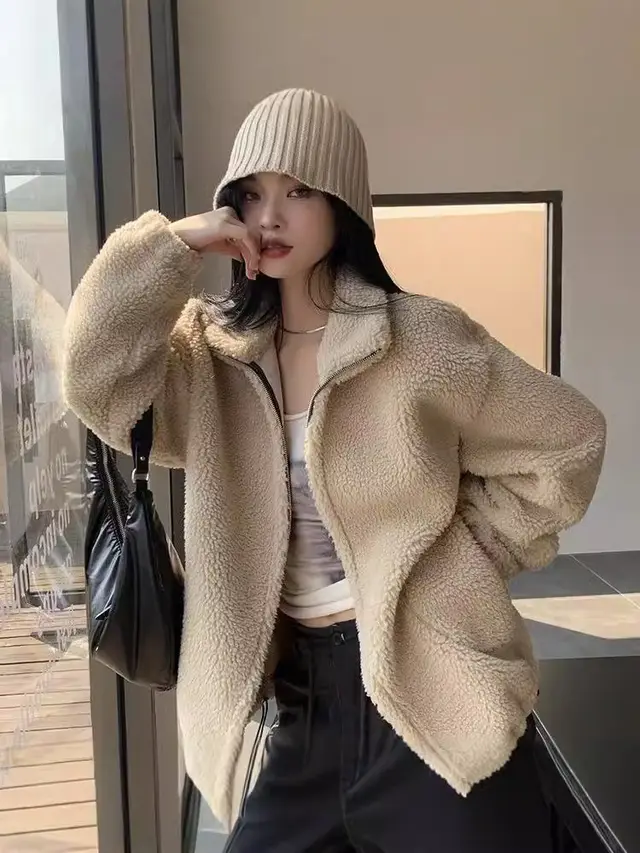 Korean Leisure Simple Stand Collar Loose All match Lamb Wool Coat Beige - Shop at LoveMi