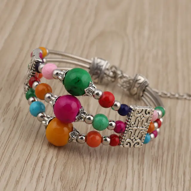 Tibetan Accessories Colorful Beads Wide Bangle Turquoise Bracelet Color - Shop at LoveMi