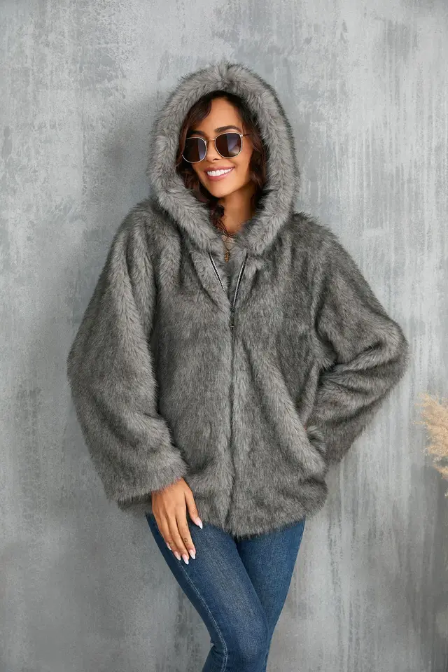 Leather Fur Solid Color Loose Hooded Short Collar Coat Gray - Shop at LoveMi