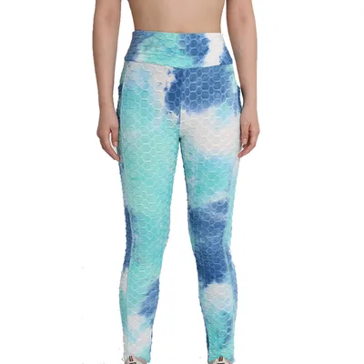 High Waist Workout Bubble Tie dye Yoga Pants Blue And White - Shop at LoveMi