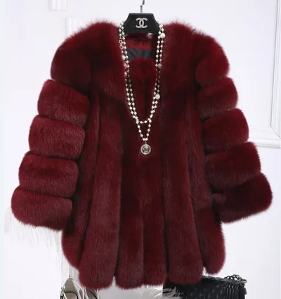 Fox Fur Mid length Coat For Women Wine Red - Shop at LoveMi