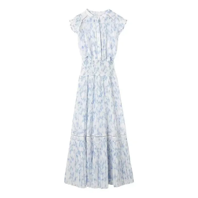 Sweet Flying Sleeve Printed Waist controlled Pleated Chiffon Dress Blue - Shop at LoveMi