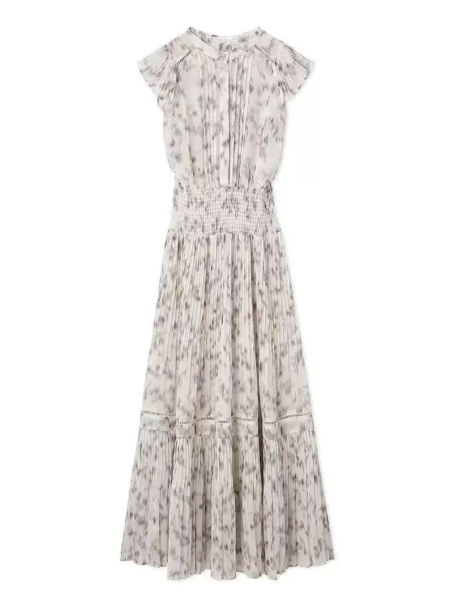 Sweet Flying Sleeve Printed Waist controlled Pleated Chiffon Dress Gray - Shop at LoveMi
