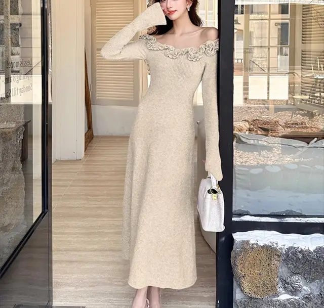 Classic Style French Style Flower Sweater Women's Autumn And Winter Dress Khaki - Shop at LoveMi