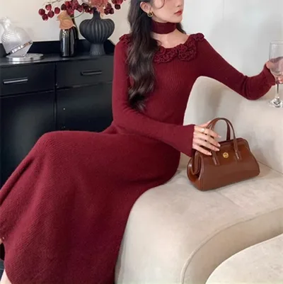 Classic Style French Style Flower Sweater Women's Autumn And Winter Dress Wine Red - Shop at LoveMi