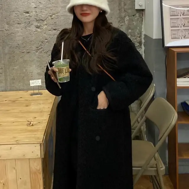 Women's Autumn And Winter New Mid length Lamb Wool Coat Black - Shop at LoveMi