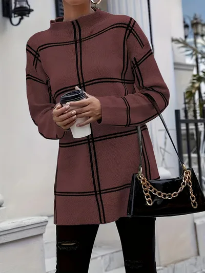 Plaid Casual All match Round Neck Pullover Sweater Dark Brown - Shop at LoveMi