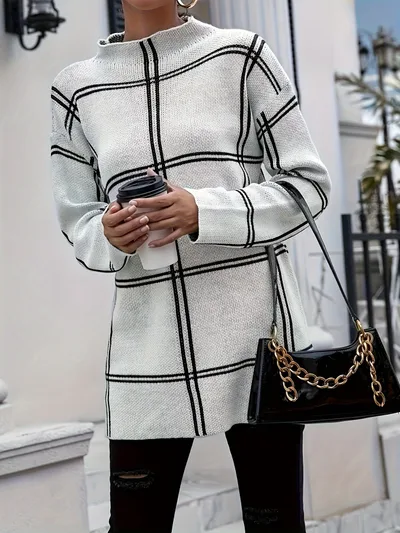 Plaid Casual All match Round Neck Pullover Sweater White - Shop at LoveMi