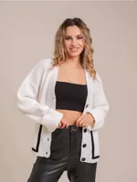 Loose-fitting V-neck Pocket Contrast Color Knitted Cardigan Sweater Coat - White