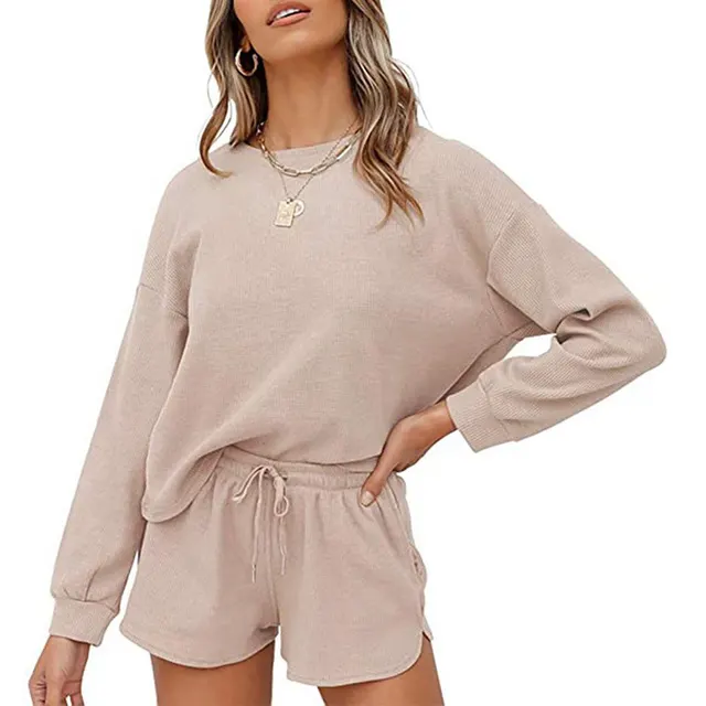 Round Neck Homewear Casual Long Sleeve Drawstring Suit Apricot - Shop at LoveMi