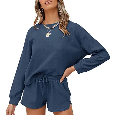Round Neck Homewear Casual Long Sleeve Drawstring Suit Navy Blue - Shop at LoveMi