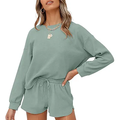 Round Neck Homewear Casual Long Sleeve Drawstring Suit Pea Green - Shop at LoveMi