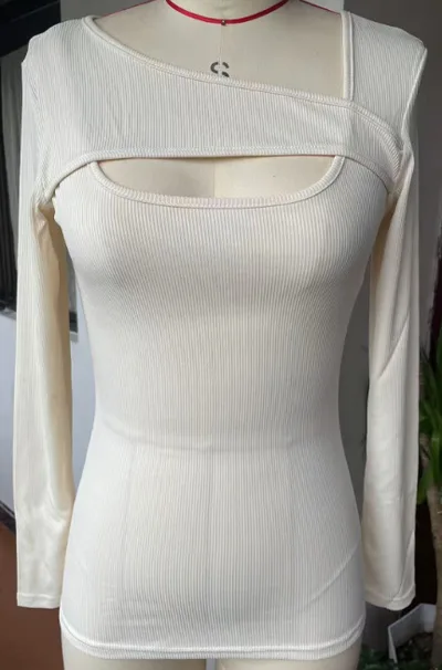 Irregular Slim Fit Long sleeved T shirt Top Beige - Shop at LoveMi