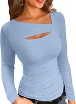 Irregular Slim Fit Long-sleeved T-shirt Top - Light Blue