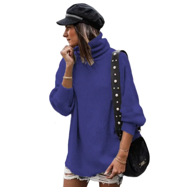 High Collar Loose Pullover Mid length Women's Clothing Woolen Skirt Sapphire Blue - Shop at LoveMi