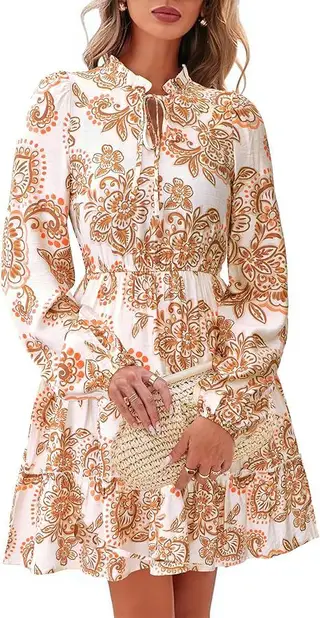 Elegant V-neck Flower Lace-up Long Sleeve Dress - Khaki