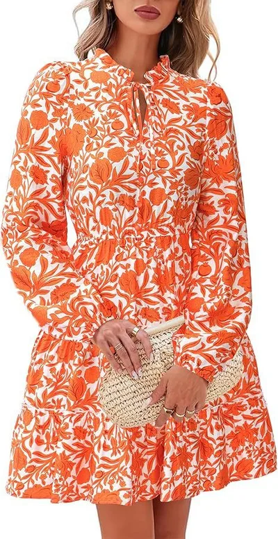Elegant V neck Flower Lace up Long Sleeve Dress Orange Red - Shop at LoveMi
