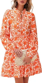 Elegant V-neck Flower Lace-up Long Sleeve Dress - Orange Red - View 1