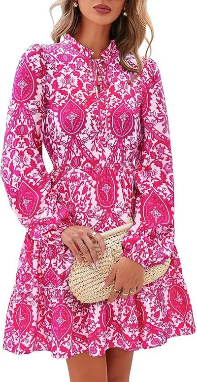 Elegant V neck Flower Lace up Long Sleeve Dress Rose Red - Shop at LoveMi