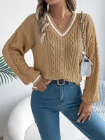 College Style Color-block V Neck Twist Lantern Long Sleeve Sweater - Khaki