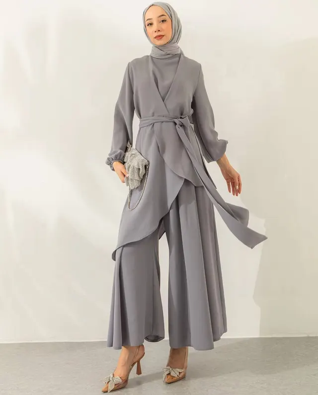 Muslim Style Solid Color Fashion Lace up Wide leg Pants Set Gray - Shop at LoveMi