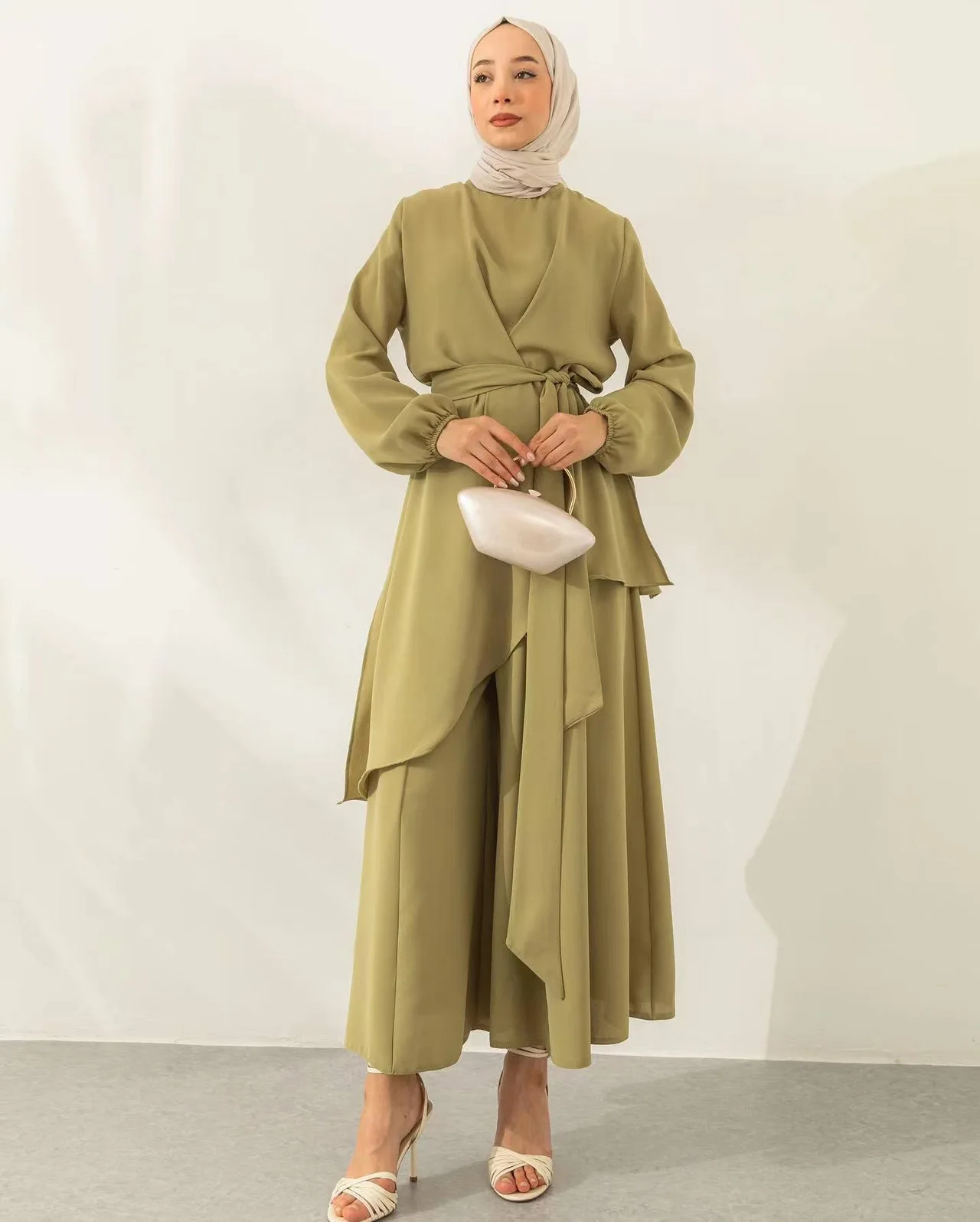 Muslim Style Solid Color Fashion Lace-up Wide-leg Pants Set - Yellow Green