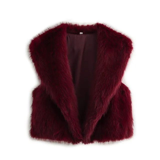 Artificial Fur Cardigan Sleeveless Vest Women's Outer Wear Wine Red - Shop at LoveMi