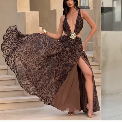 Slim Fit V neck Halter Split Dress Brown - Shop at LoveMi