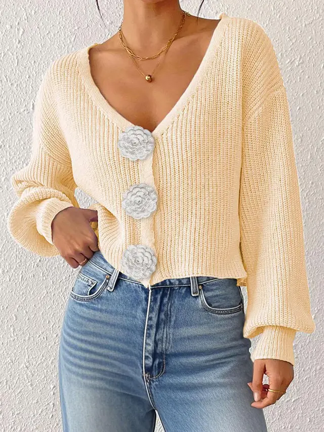 Women's Knitted Crochet Decorative Buttons Cardigan Short Coat Apricot - Shop at LoveMi
