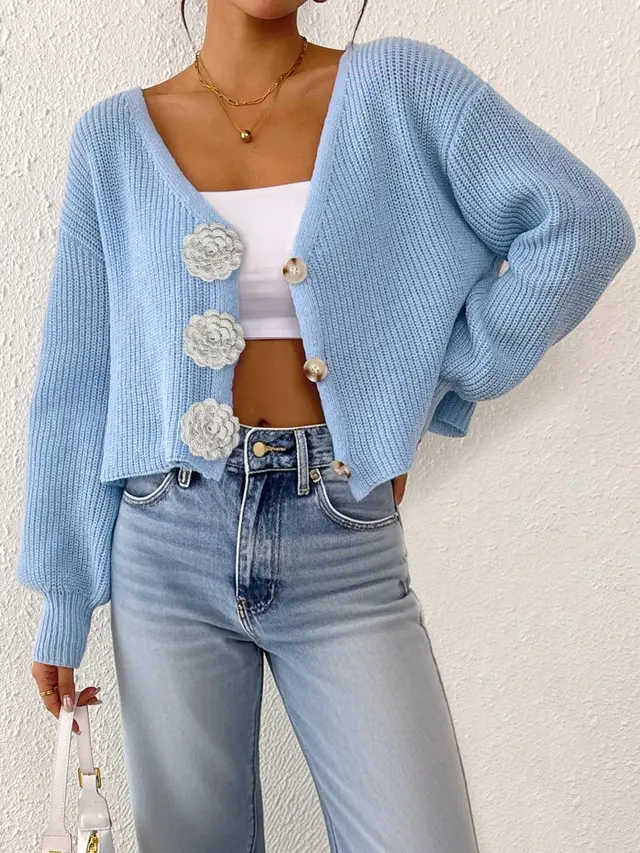 Women's Knitted Crochet Decorative Buttons Cardigan Short Coat Sky Blue - Shop at LoveMi