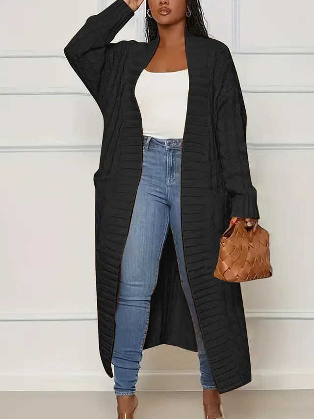 Women's Solid Color Elegant Knitted Coat Fashion Pocket Black - Shop at LoveMi