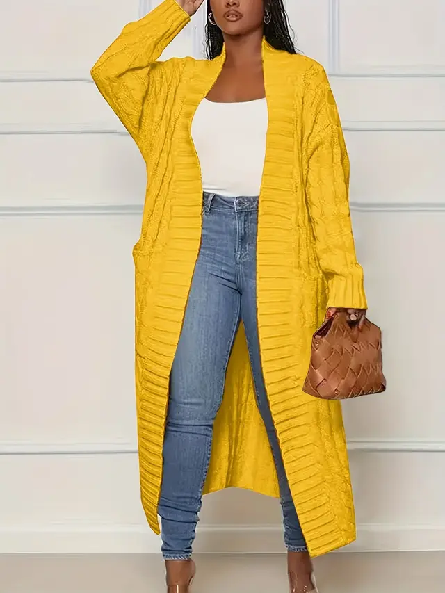 Women's Solid Color Elegant Knitted Coat Fashion Pocket Bright Yellow - Shop at LoveMi