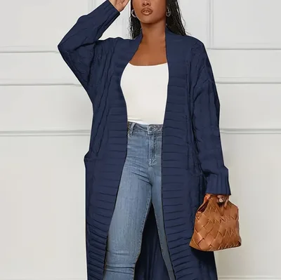 Women's Solid Color Elegant Knitted Coat Fashion Pocket Navy Blue - Shop at LoveMi