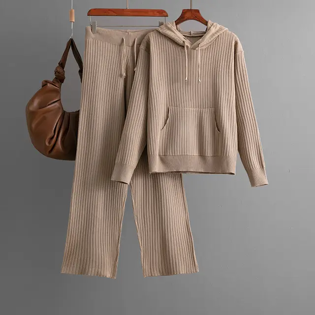 Cotton Casual Knitting Suit Hooded Khaki - Shop at LoveMi
