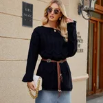 Hollow Out Off-shoulder Shoulder-baring Long Sleeve Sexy Sweater - Black Plus Belt