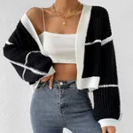 Cardigan Color Contrast Patchwork Striped Loose Sweater - Black