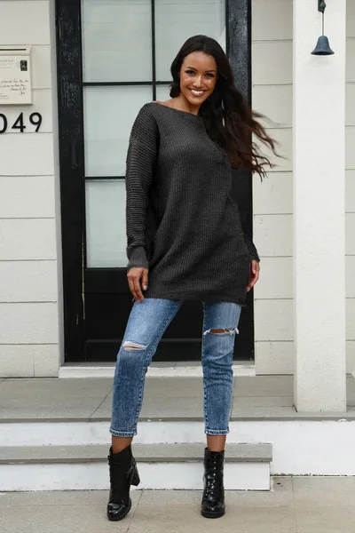Mid length Off neck Loose Sweater Coat Black - Shop at LoveMi