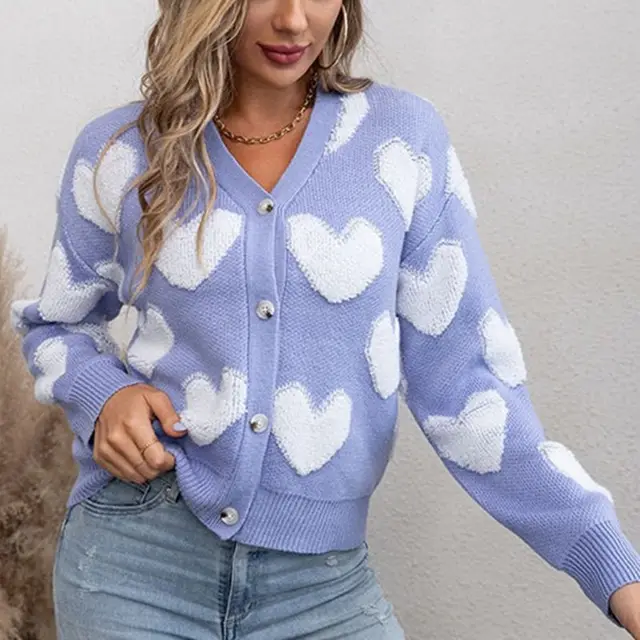 New Women's Knitted Cardigan Single breasted Flocking Love Sweater Blue - Shop at LoveMi