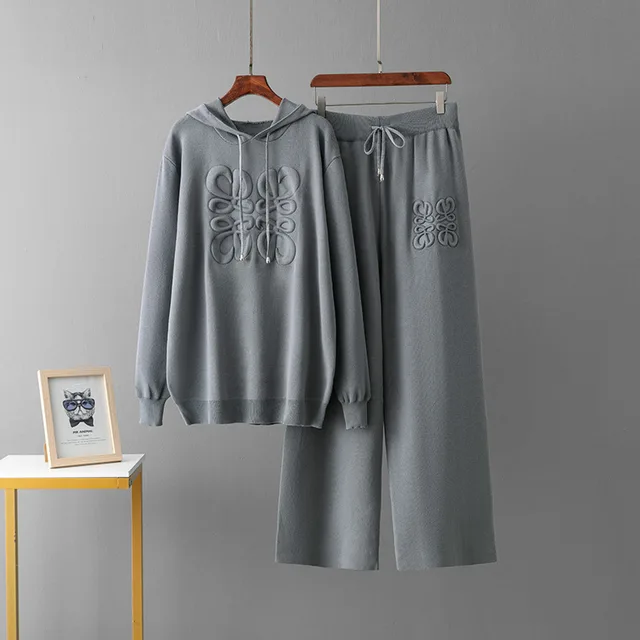 Niche Knitted Blue Embroidery Casual Two piece Suit Gray - Shop at LoveMi