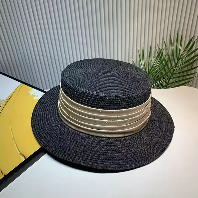 Spring And Summer Short Brim Satin Rhinestone Straw Flat Top Hat Women Black Beige Ribbon - Shop at LoveMi